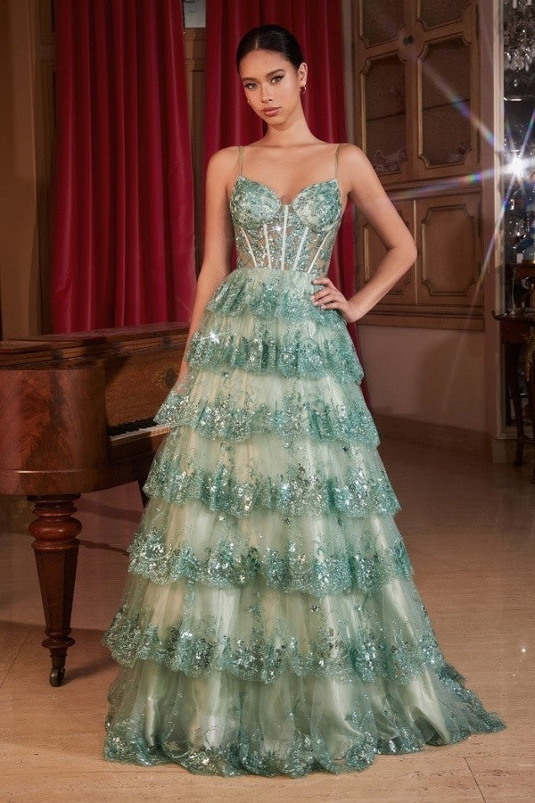 SEQUIN APPLIQUE SLEEVELESS LAYERED GOWN BY LADIVINE KV1108