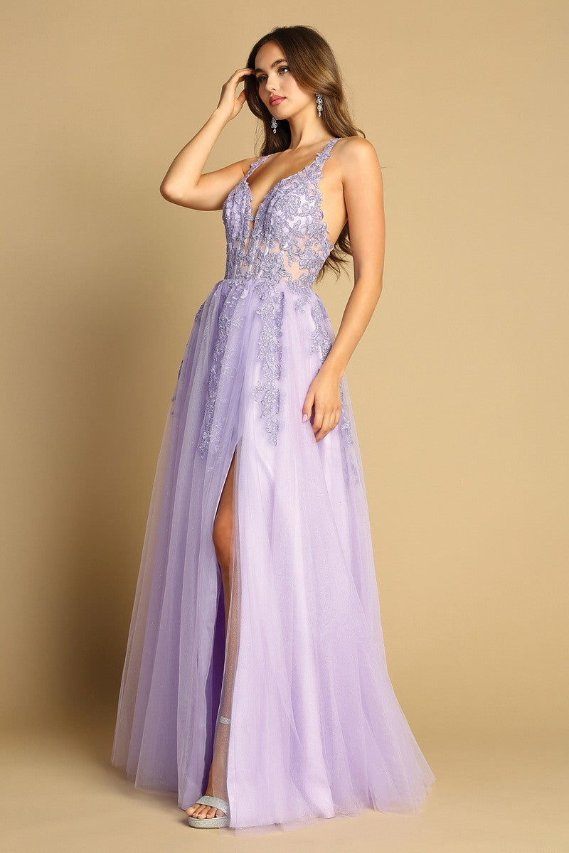 APPLIQUE CORSET GLITTER TULLE SLIT GOWN BY ADORA 3088