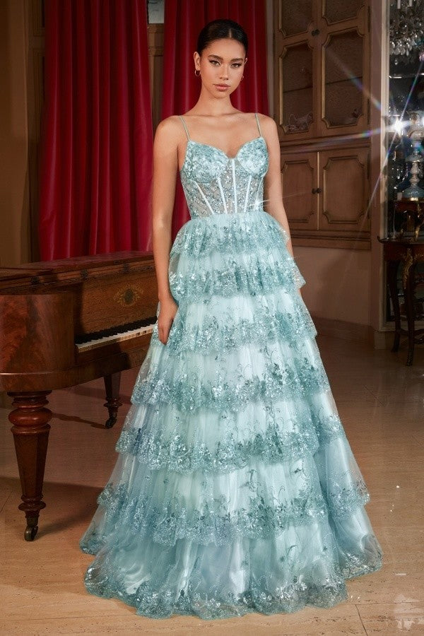 SEQUIN APPLIQUE SLEEVELESS LAYERED GOWN BY LADIVINE KV1108