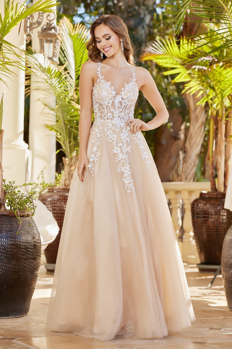 APPLIQUE CORSET GLITTER TULLE SLIT GOWN BY ADORA 3088