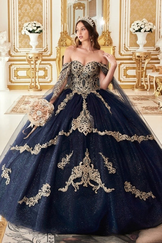 CINDERELLA DIVINE  #15711   LAYERED GOLD LACE BALL GOWN